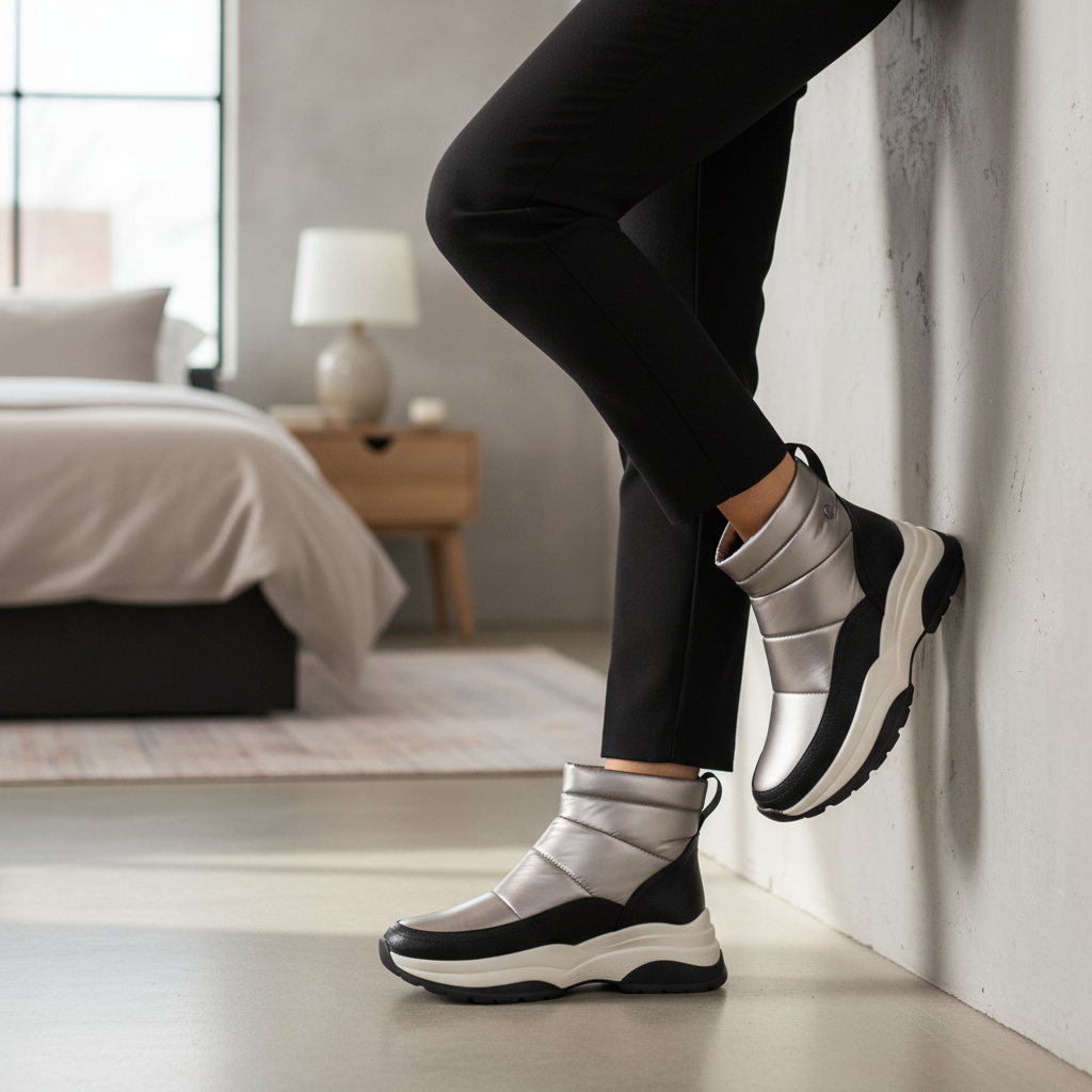 Botines plateados - Apoyada en pared