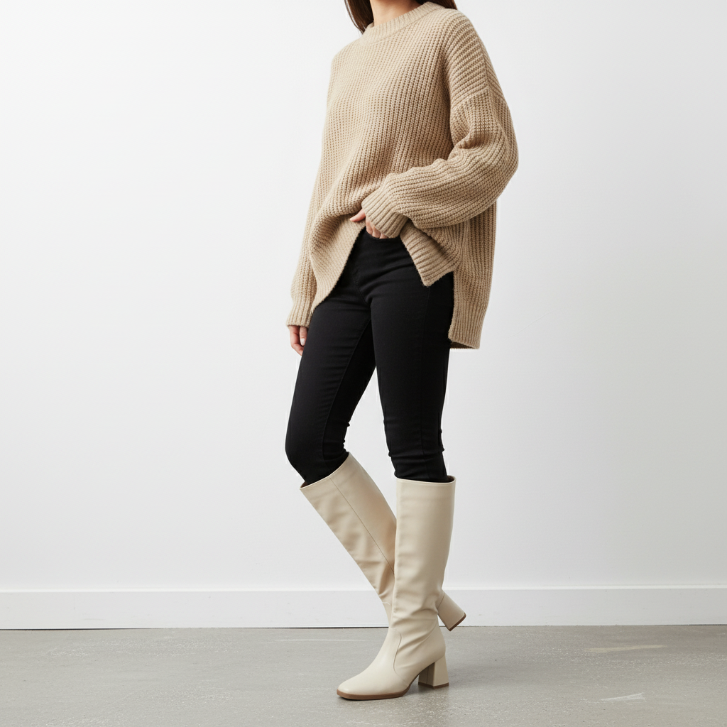 Botas beige con outfit minimalista