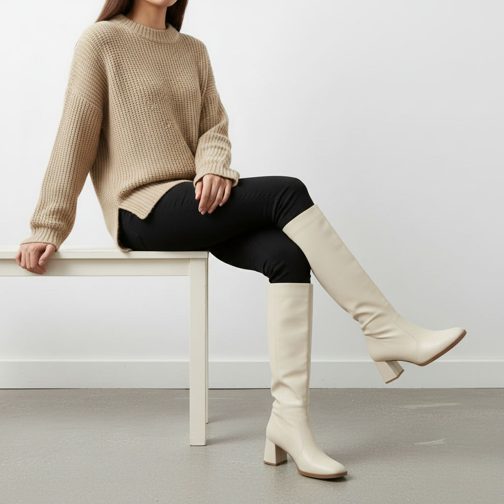 Botas beige pose sentada
