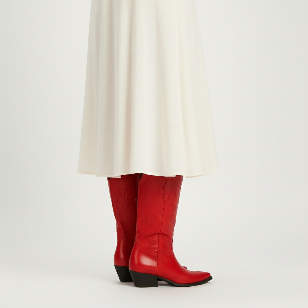 Botas rojas - Perfil lateral vestido