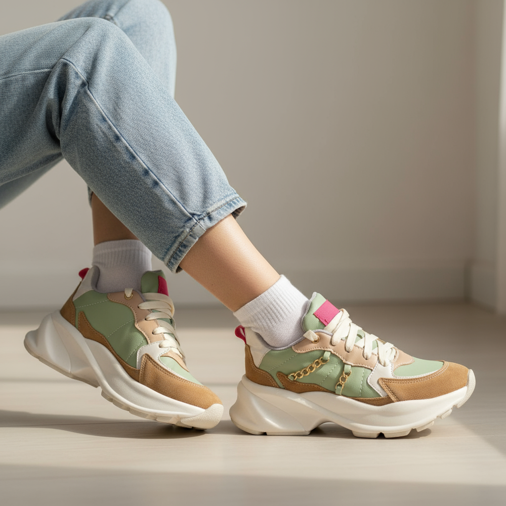 Detalle zapatillas verdes puestas