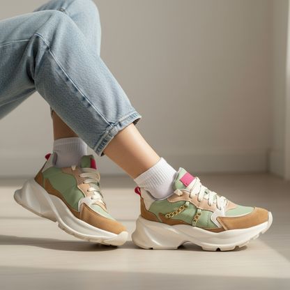 Detalle zapatillas verdes puestas